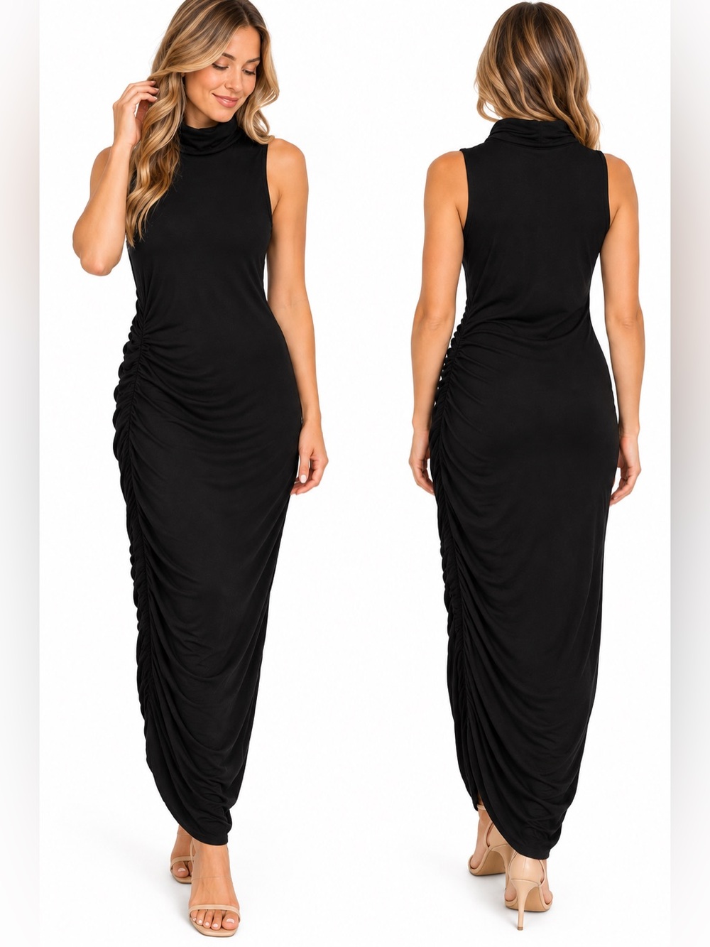 Rachel Pally Black Sleeveless Turtleneck Ruched Maxi Dress